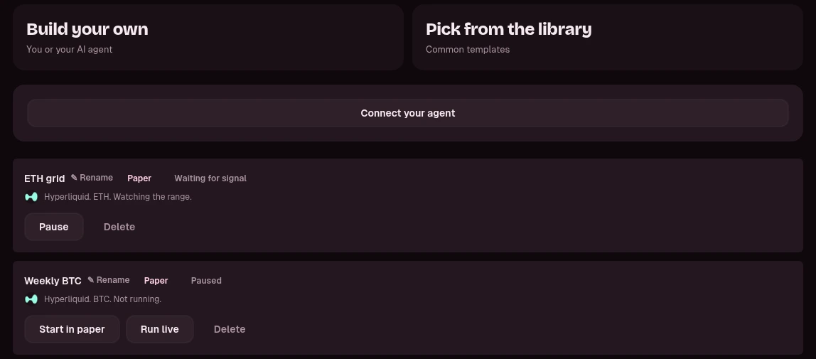 Strategies in paper mode, build your own or pick from the library